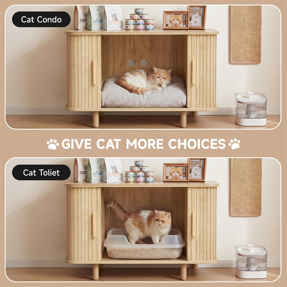 Wooden cat condo and litter box with a cat inside, on a beige background.