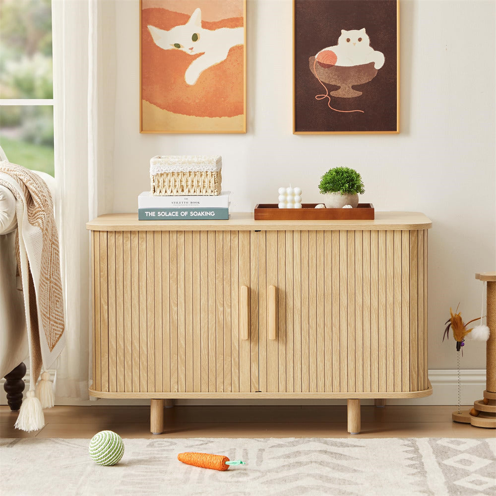 Natural 35" Fluted Cat Litter Box Enclosure Furniture with Litter Collector and Sliding Door