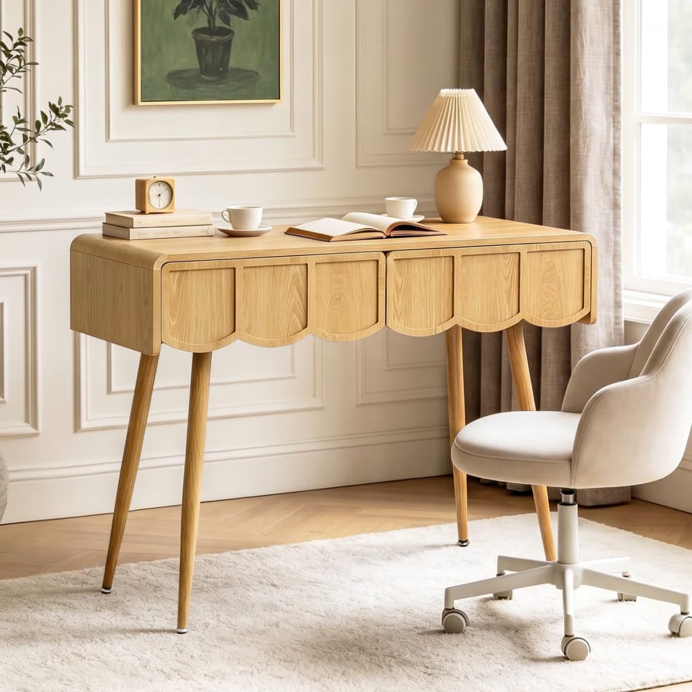 Natural 39 Inch Modern Compact Small Computer Desk with Scalloped Drawers