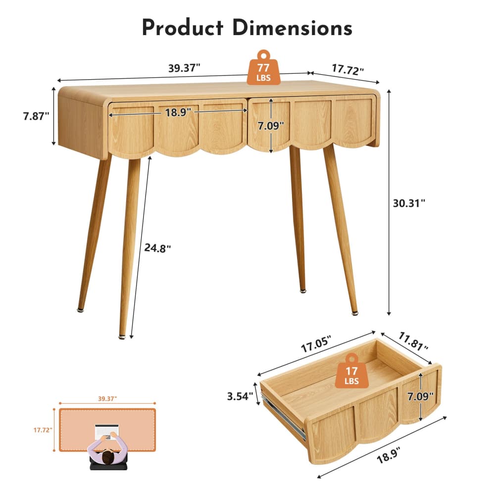 Natural 39 Inch Modern Compact Small Computer Desk with Scalloped Drawers Size