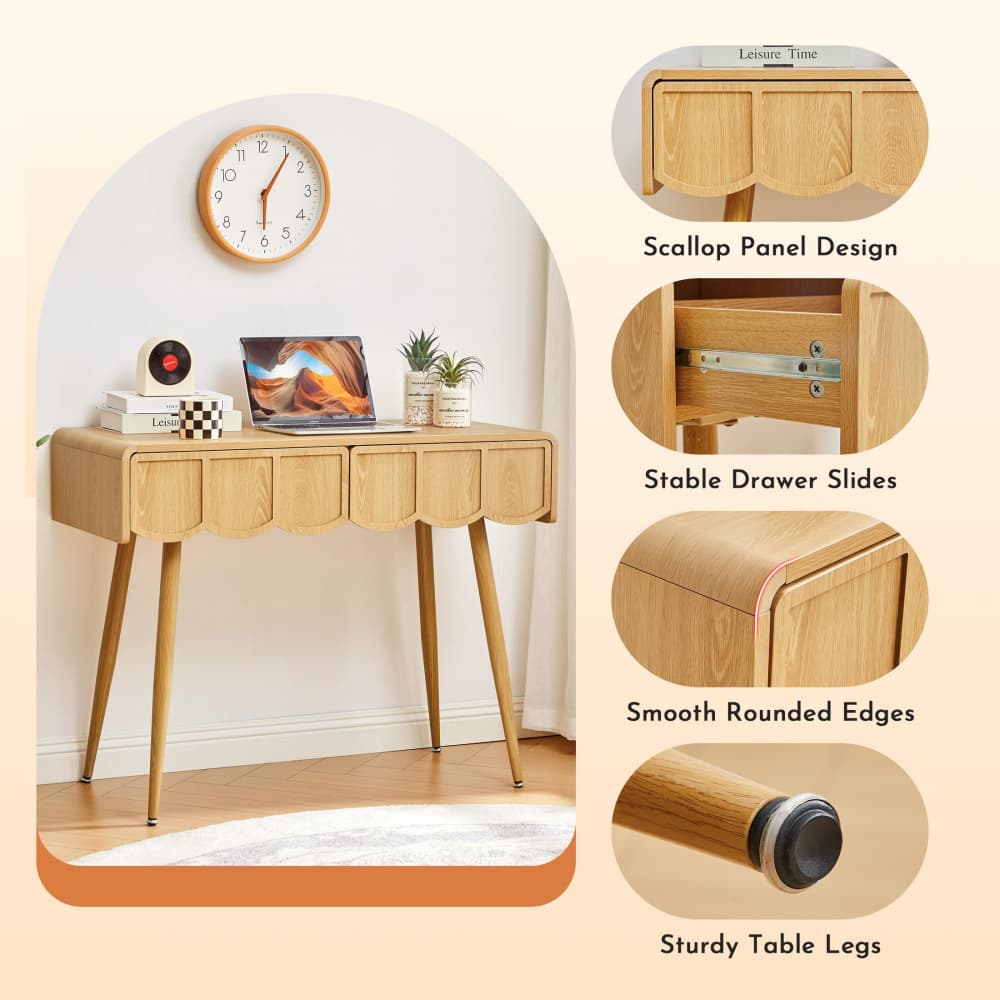 Natural 39 Inch Modern Compact Small Computer Desk with Scalloped Drawers