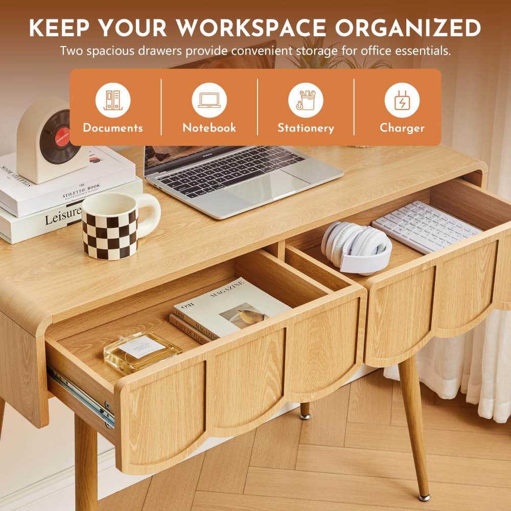Natural 39 Inch Modern Compact Small Computer Desk with Scalloped Drawers