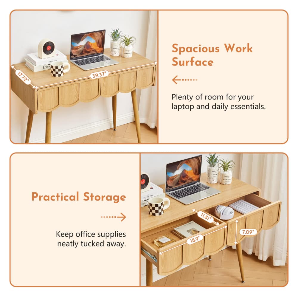 Natural 39 Inch Modern Compact Small Computer Desk with Scalloped Drawers