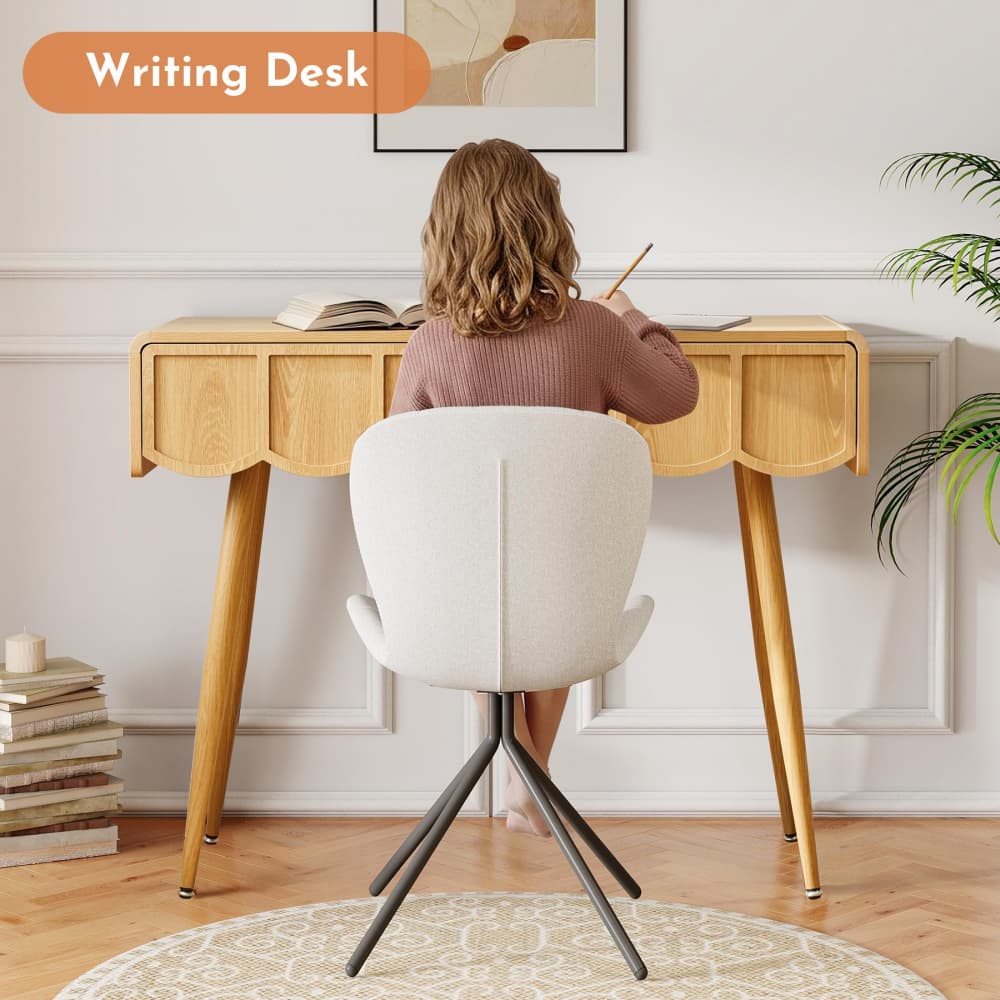 Natural 39 Inch Modern Compact Small Computer Desk with Scalloped Drawers
