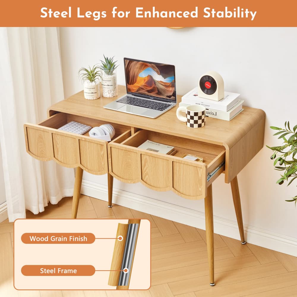 Natural 39 Inch Modern Compact Small Computer Desk with Scalloped Drawers