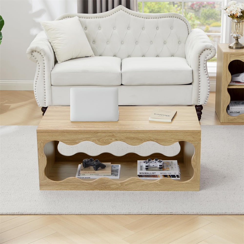Wooden coffee table with decorative items in a living room setting