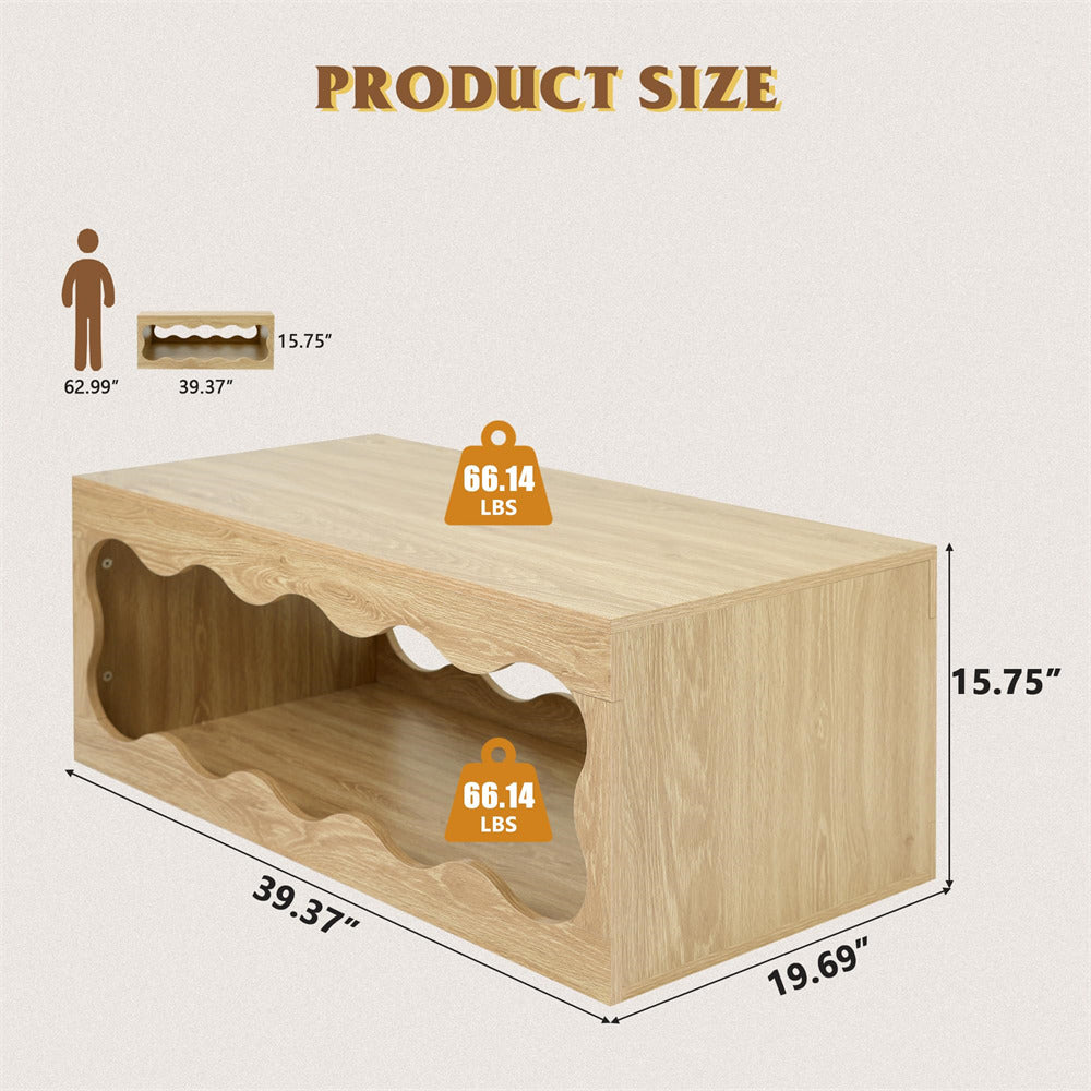 Wooden pet carrier with dimensions and weight label on a white background