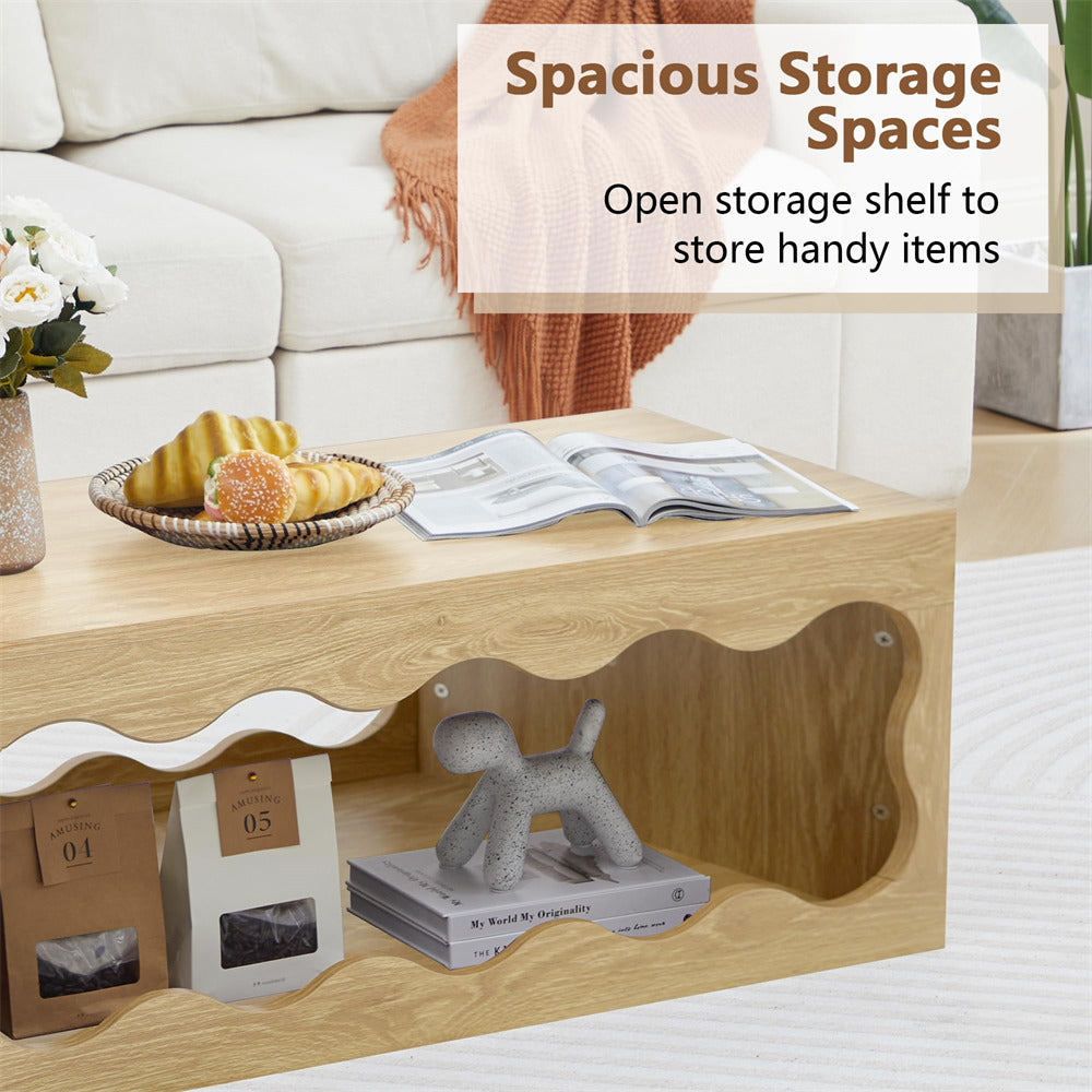Wooden coffee table with storage compartments in a living room setting