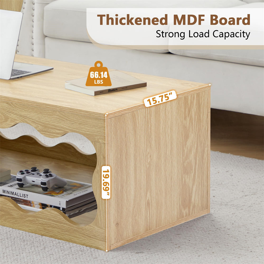 Wooden side table with measurements and text about thick MDF board and strong load capacity, placed in a living room setting.