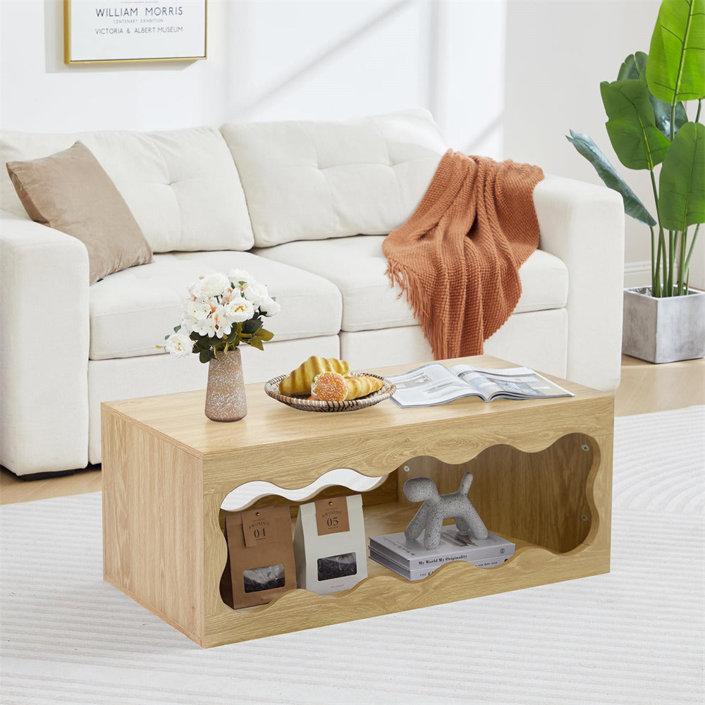 Wooden coffee table with decorative items in a living room setting