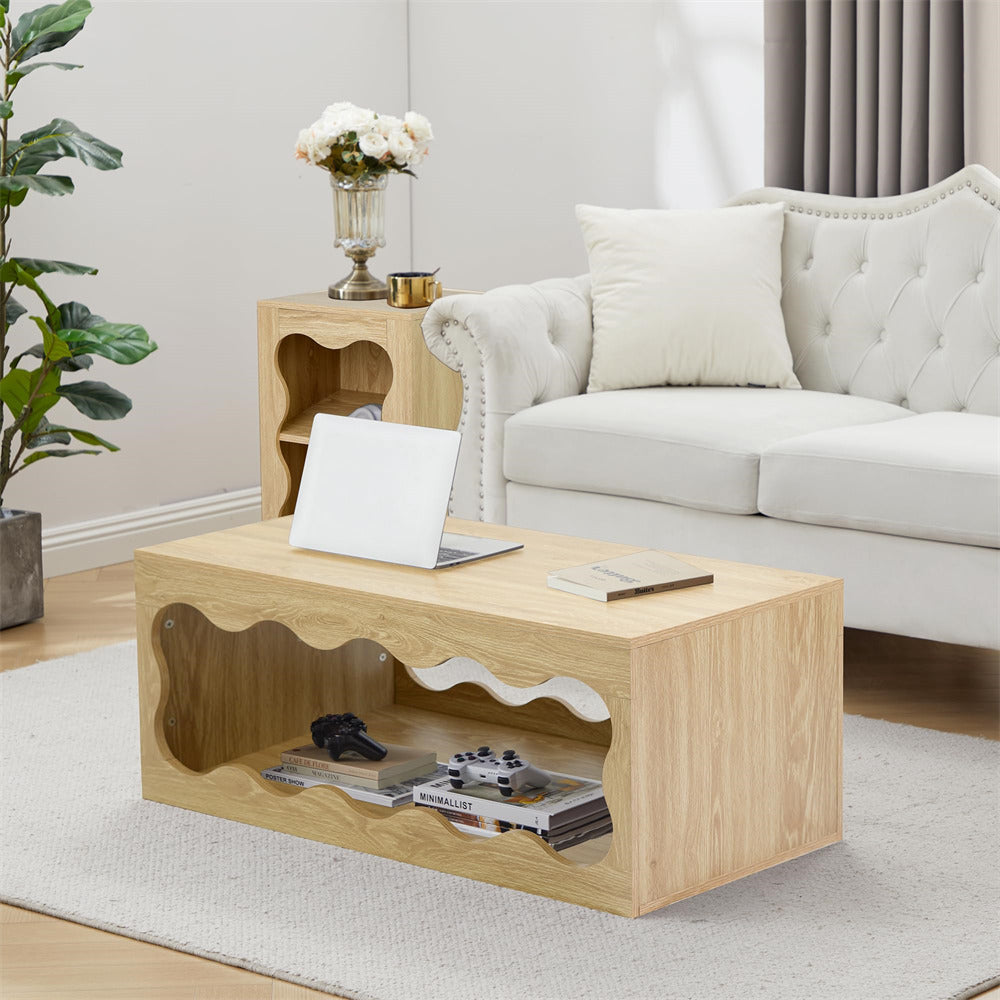 Wooden coffee table with electronic devices in a living room setting