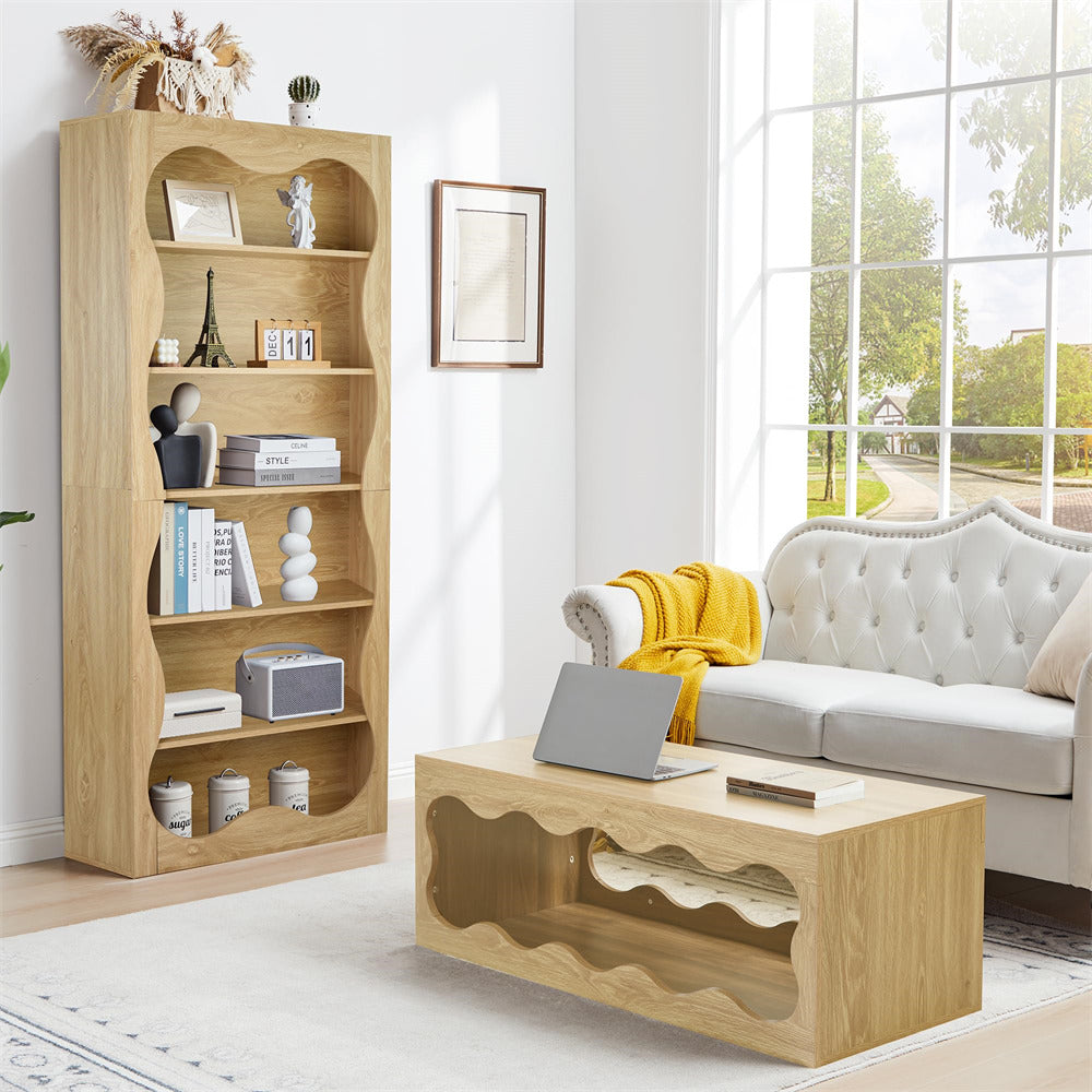 Living room with wooden bookshelf, coffee table, and sofa.