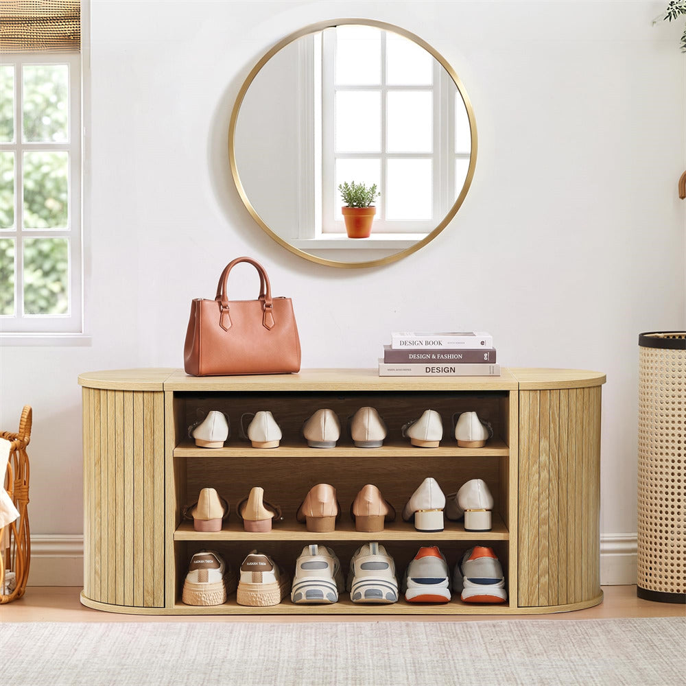 Natural 39" Oval Entryway 3-Tier Wooden Shoe Bench with 2 Hidden Side Compartments
