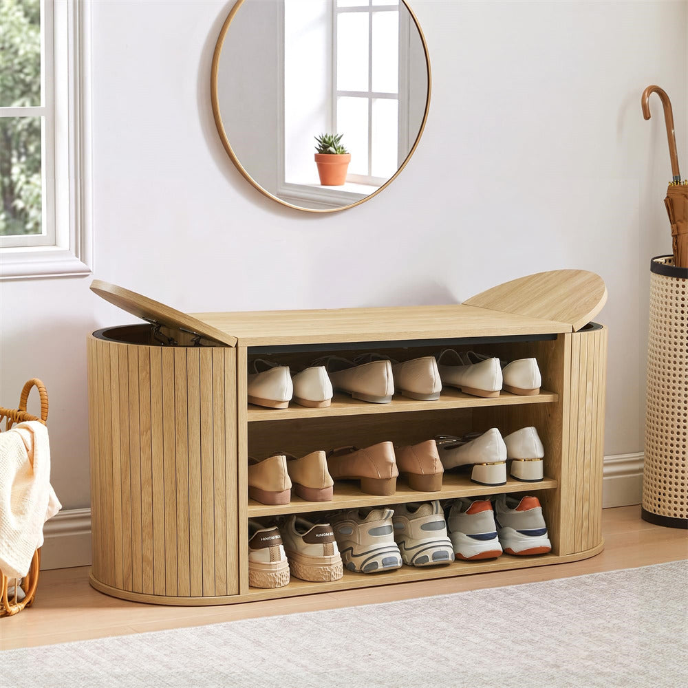 Natural 39" Oval Entryway 3-Tier Wooden Shoe Bench with 2 Hidden Side Compartments