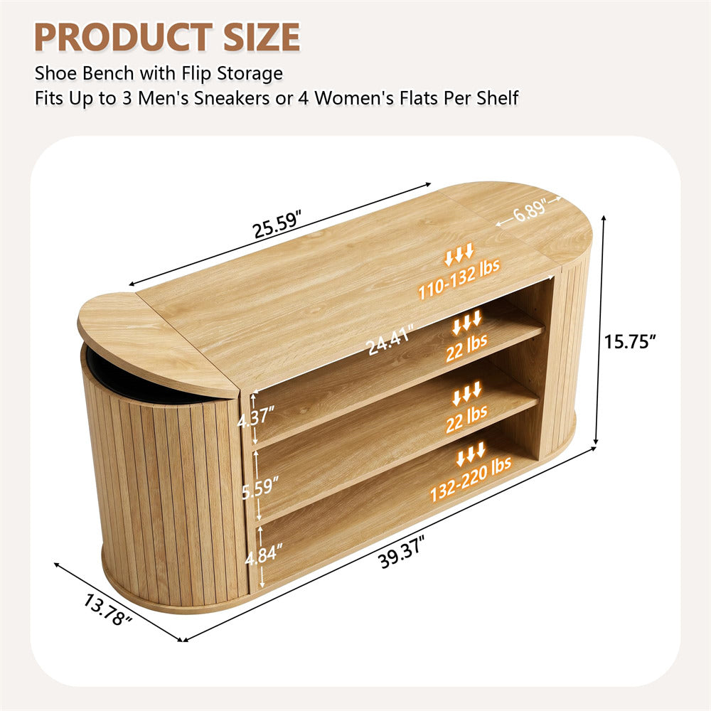 Product size diagram of a wooden shoe bench with flip storage shelves, showing dimensions (25.59" x 15.