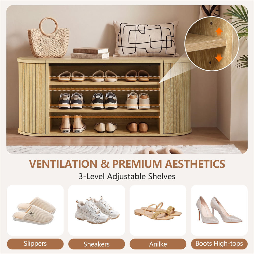 Natural 39" Oval Entryway 3-Tier Wooden Shoe Bench with 2 Hidden Side Compartments