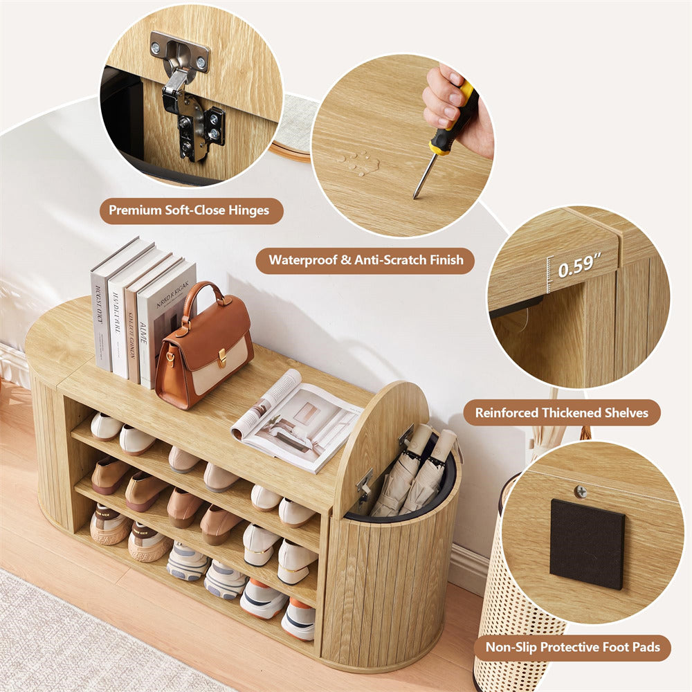 Natural 39" Oval Entryway 3-Tier Wooden Shoe Bench with 2 Hidden Side Compartments
