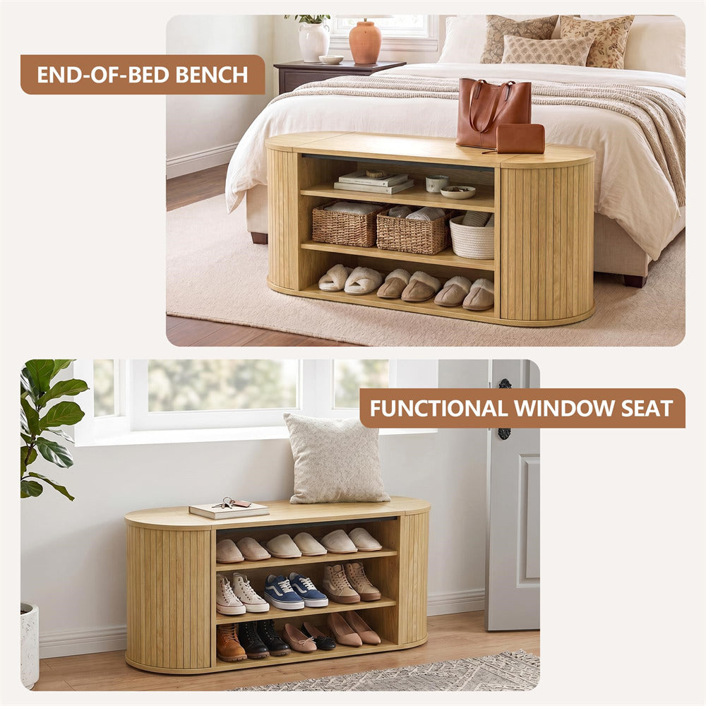 Natural 39" Oval Entryway 3-Tier Wooden Shoe Bench with 2 Hidden Side Compartments