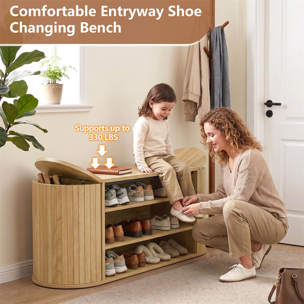 Natural 39" Oval Entryway 3-Tier Wooden Shoe Bench with 2 Hidden Side Compartments