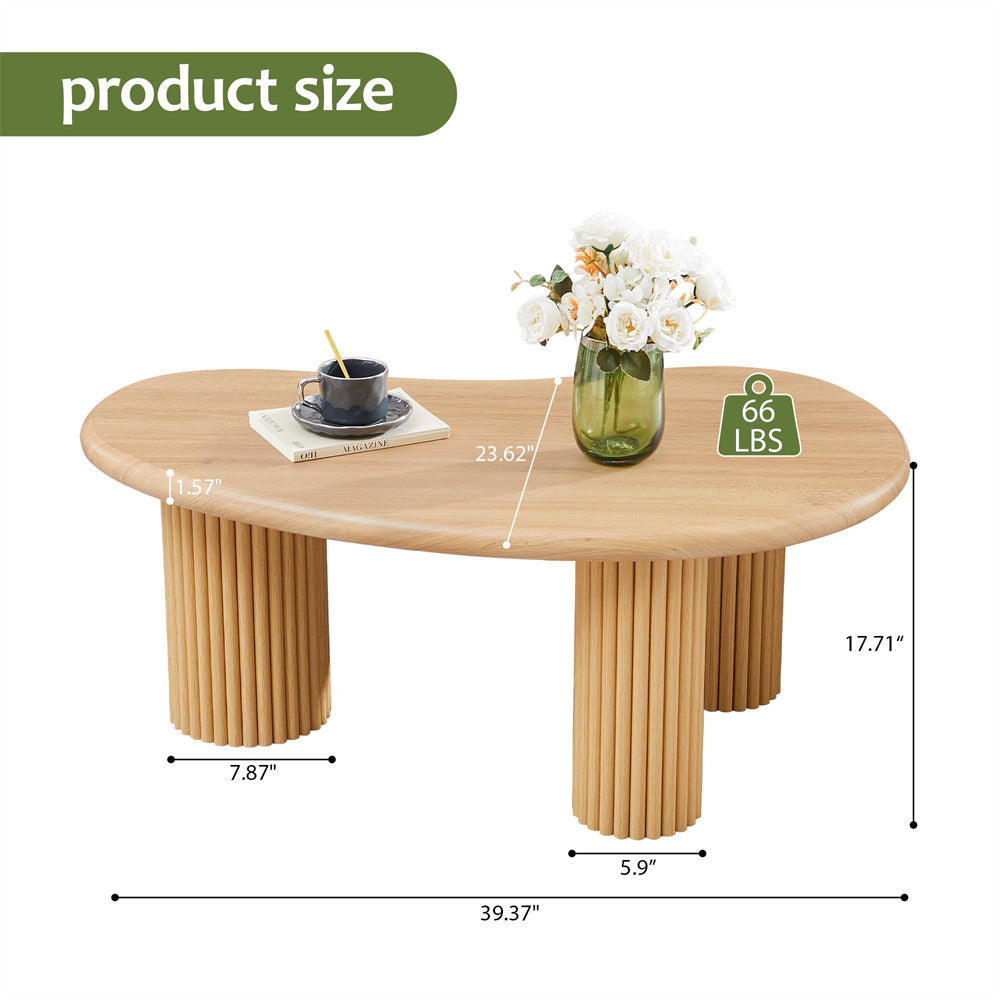Wooden coffee table with measurements and weight label on a white background