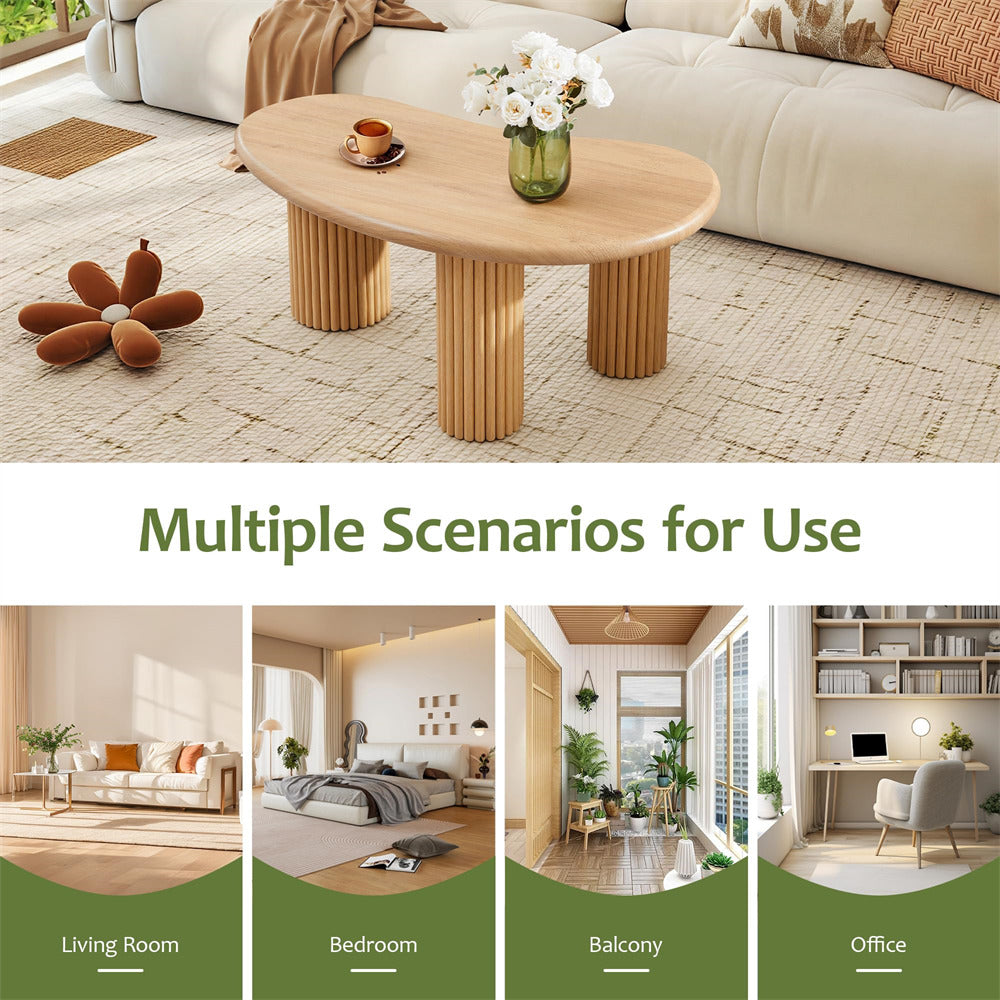 Wooden coffee table in a living room with decorative items, surrounded by images of different rooms.