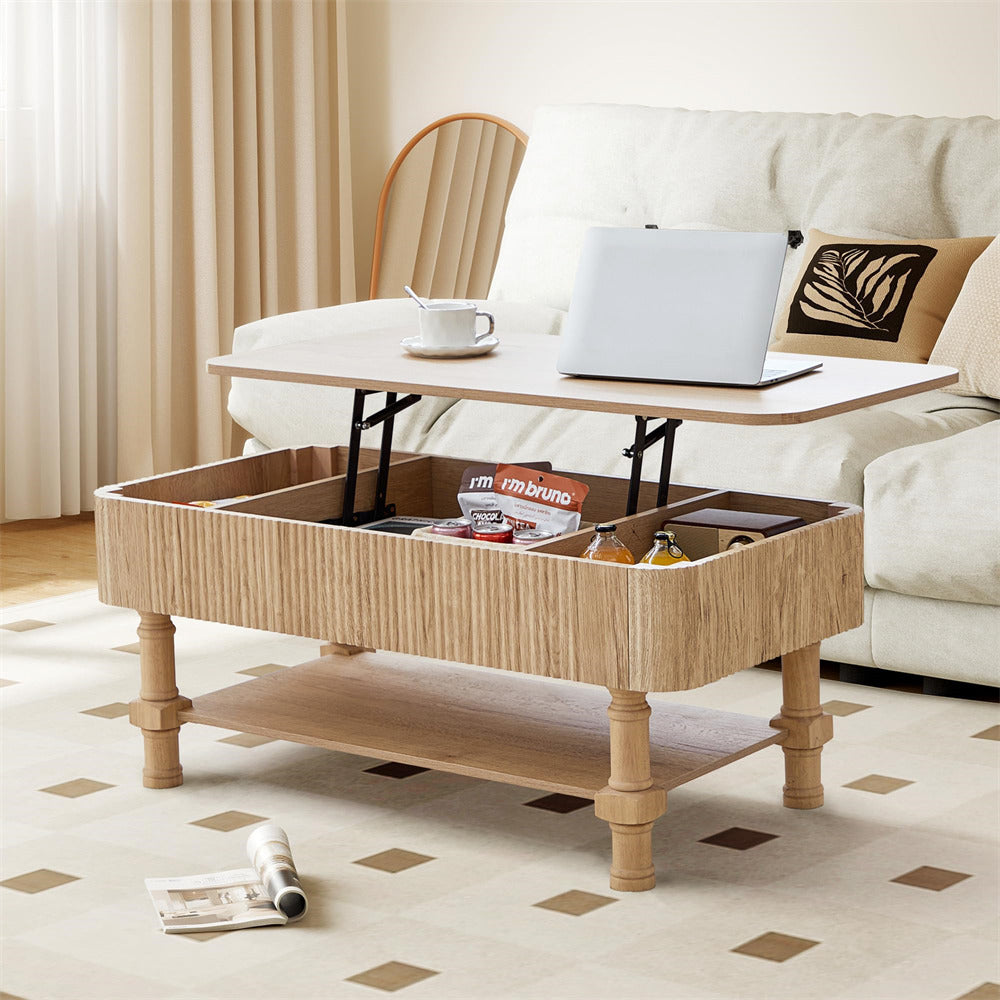 Natural Coffee table with lift-top design in a living room setting