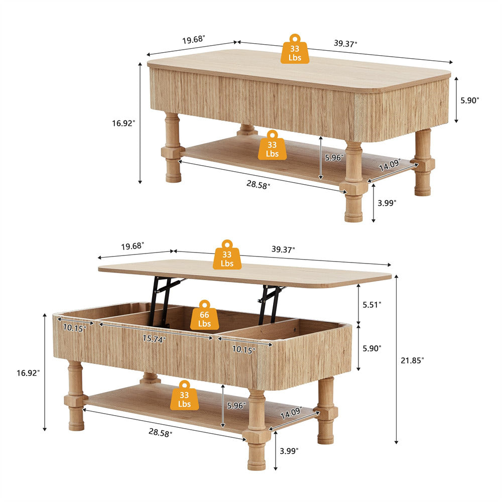 Wooden coffee table with dimensions and weight indicators on a white background