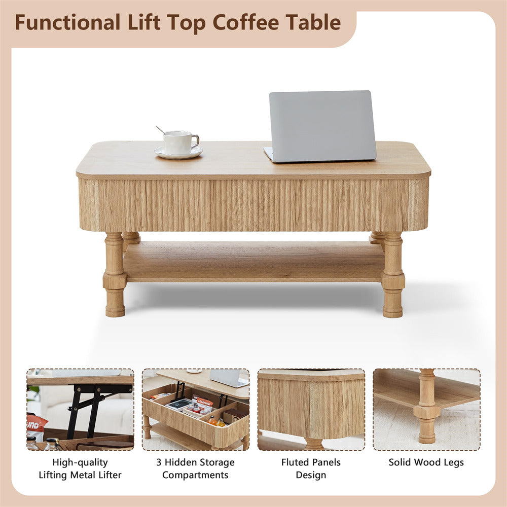 Wooden coffee table with lift top feature, shown with a laptop and cup on top.