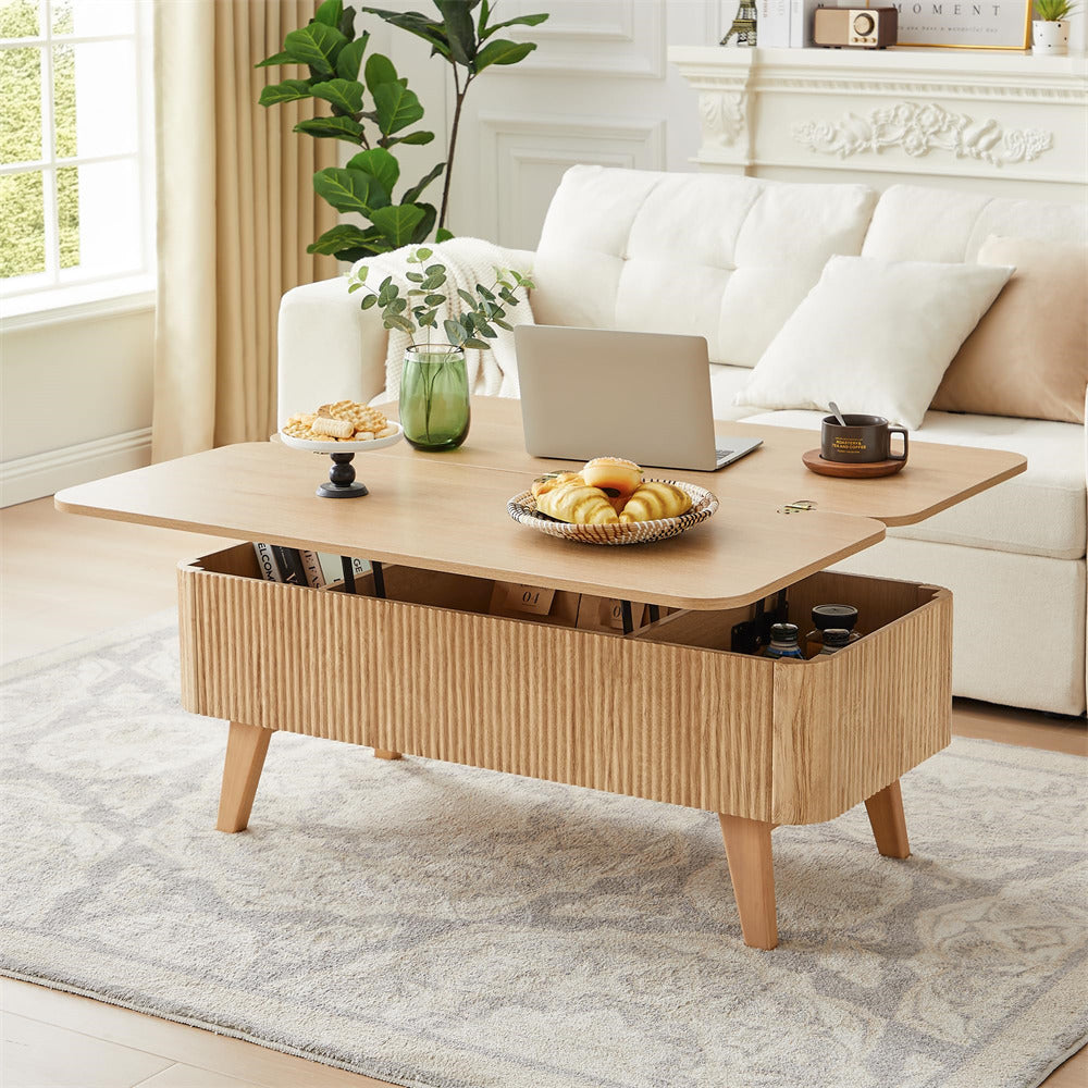 Natural 3 in 1 Convertible Fluted Lift Top Coffee Table with Storage