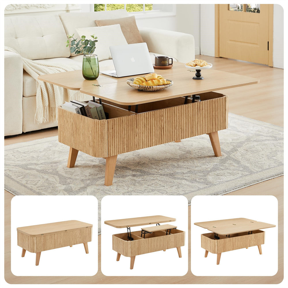Natural 3 in 1 Convertible Fluted Lift Top Coffee Table with Storage