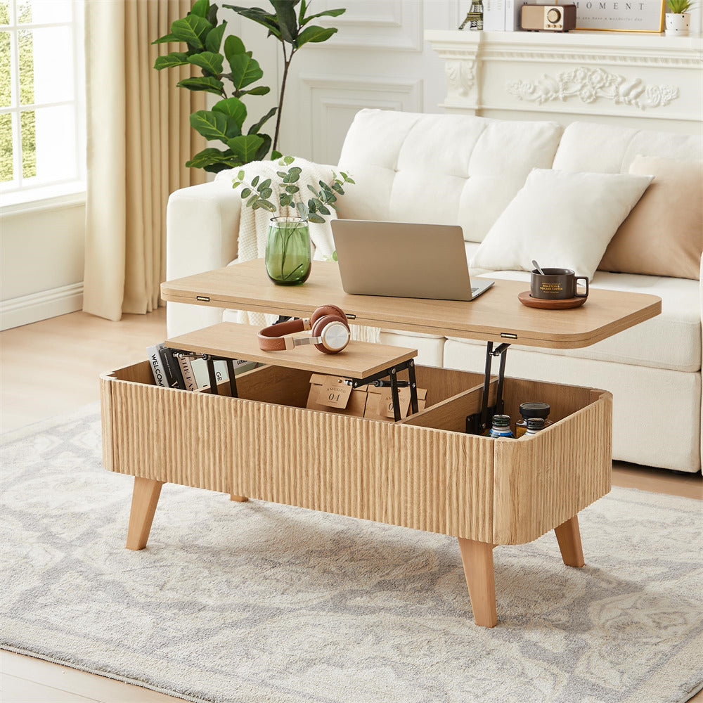 Natural 3 in 1 Convertible Fluted Lift Top Coffee Table with Storage