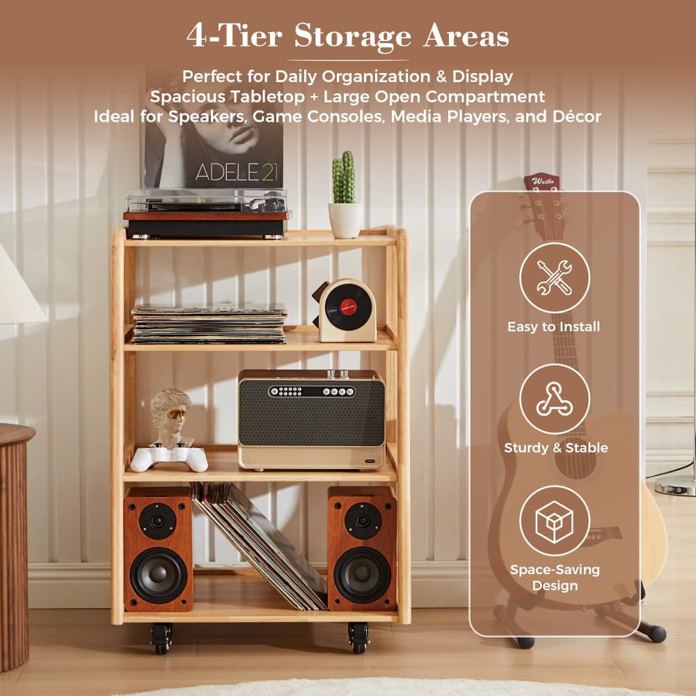 A light wood 4-tier rolling media cart styled in a living room setting, holding speakers, a radio, records, and a game controller. The image includes marketing text highlighting its storage capacity and features, alongside a semi-transparent graphic detailing its design benefits.