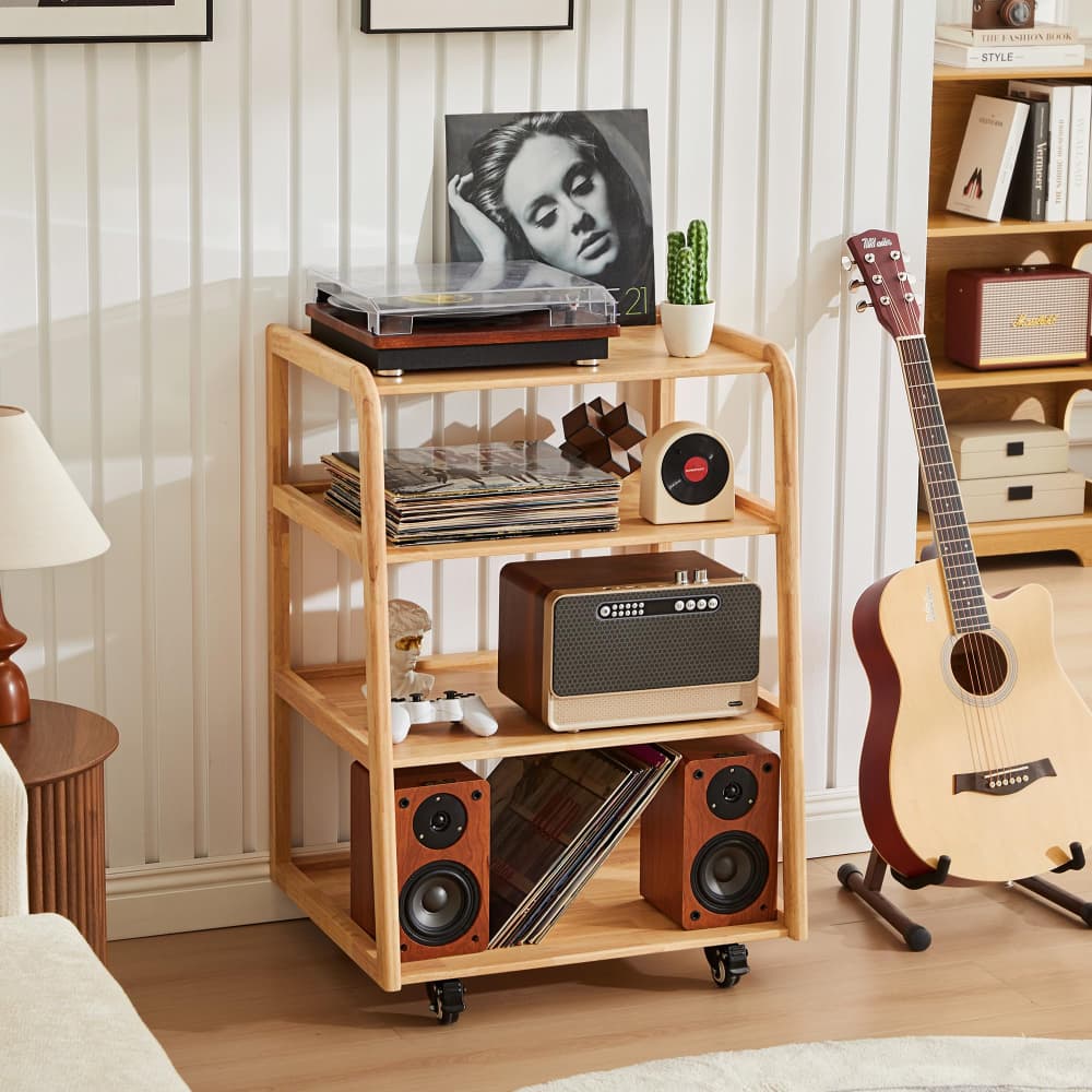 Natural 4-Tier Audio Rack Record Player Stand with Lockable Casters and Raised Edge Shelves