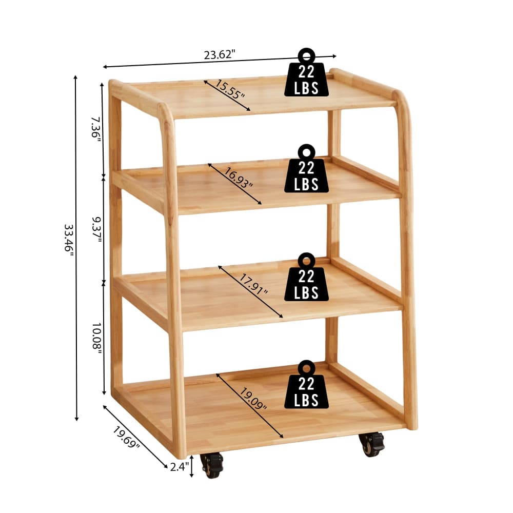 A four-tier bamboo rolling storage cart with dimension annotations showing height, width, and depth measurements, along with weight labels of 22 LBS on each shelf, set against a plain white background.