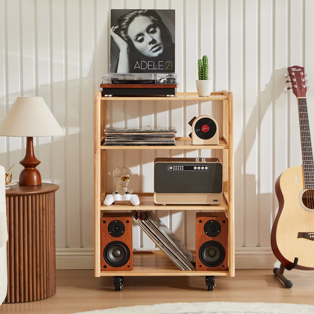 Natural 4-Tier Audio Rack Record Player Stand with Lockable Casters and Raised Edge Shelves