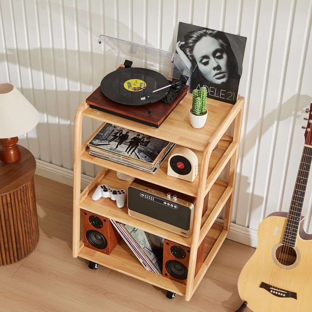 Natural 4-Tier Audio Rack Record Player Stand with Lockable Casters and Raised Edge Shelves