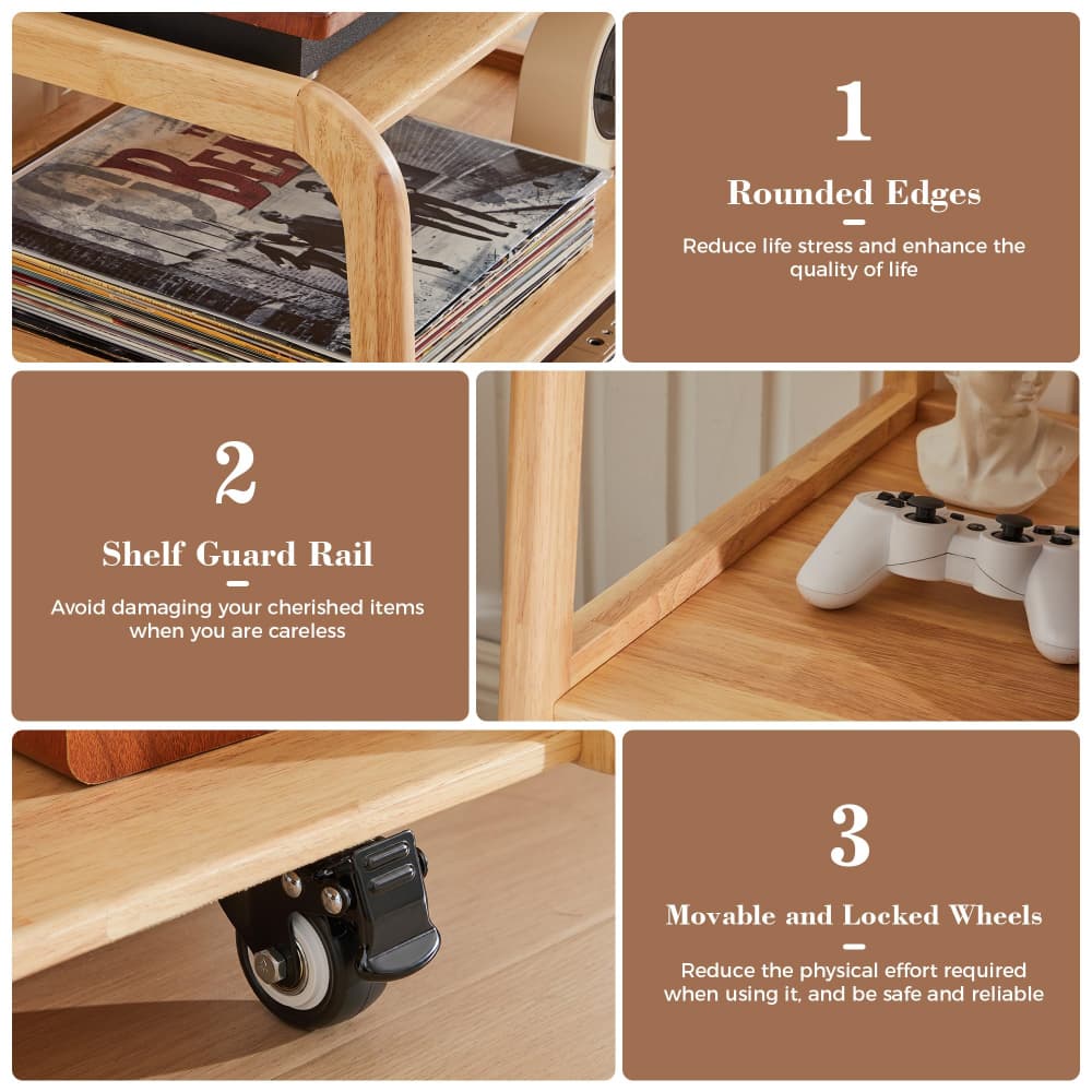A 4-panel feature infographic for a light wood rolling shelf. The panels highlight product features: rounded edges, a shelf guard rail, and movable locked wheels, with corresponding English text overlays on a warm brown background.