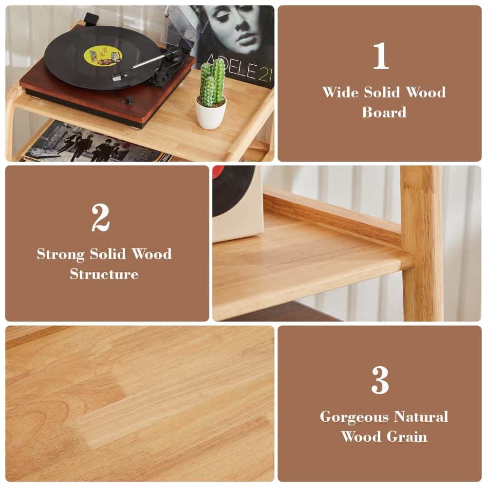 A 4-panel feature collage for a light natural wood shelf. The top-left panel shows the shelf styled with a turntable and a small cactus.