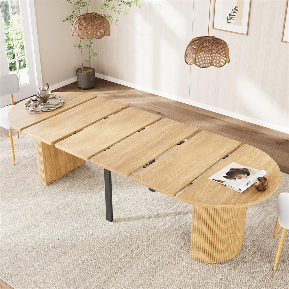 Natural 42"-105" Kitchen Extendable Oval Dining Table for 4-12 with Fluted Pedestal Base & Reinforced Metal Support Leg