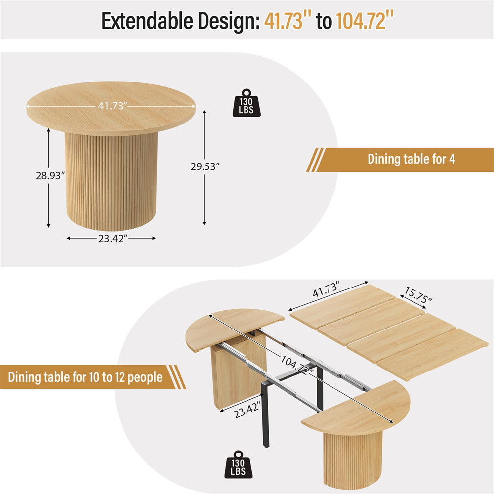 Natural 42"-105" Kitchen Extendable Oval Dining Table for 4-12 with Fluted Pedestal Base & Reinforced Metal Support Leg