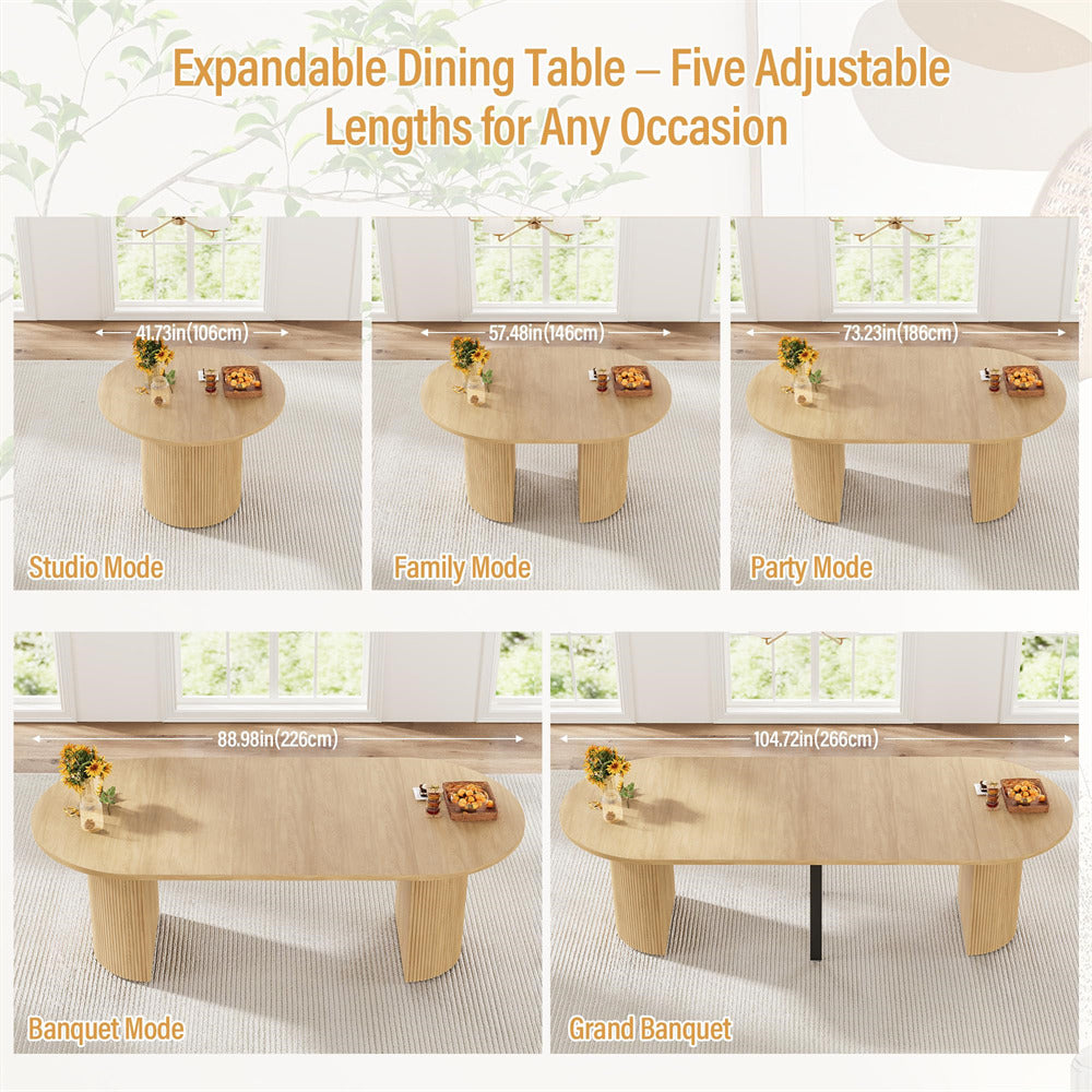 Natural 42"-105" Kitchen Extendable Oval Dining Table for 4-12 with Fluted Pedestal Base & Reinforced Metal Support Leg