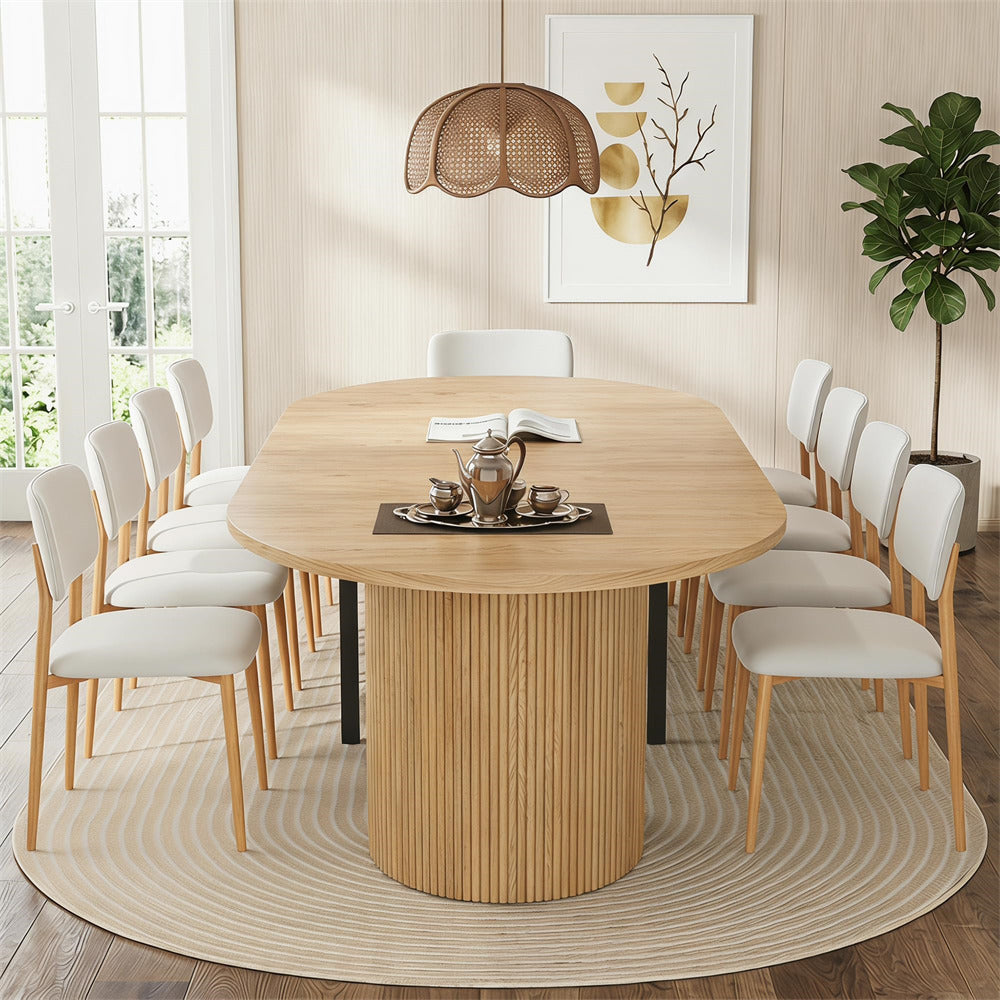 Natural 42"-105" Kitchen Extendable Oval Dining Table for 4-12 with Fluted Pedestal Base & Reinforced Metal Support Leg
