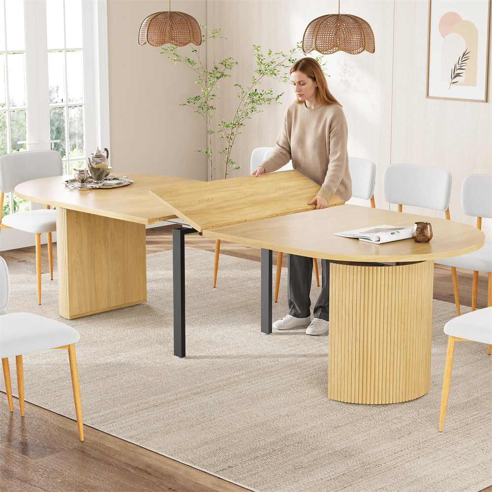 Natural 42"-120" Kitchen Extendable Oval Dining Table for 4-14 with Fluted Pedestal Base & Reinforced Metal Support Leg