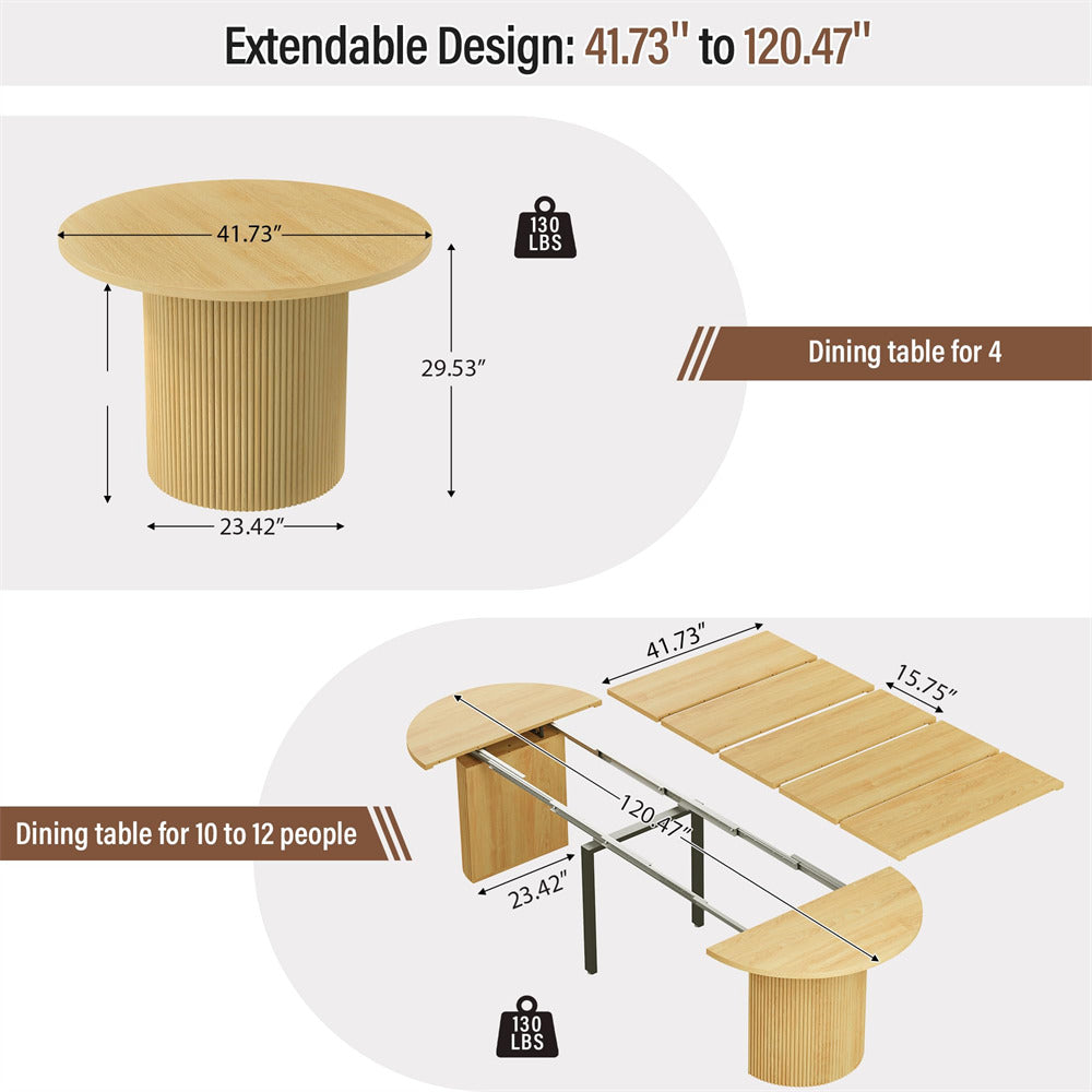 Natural 42"-120" Kitchen Extendable Oval Dining Table for 4-14 with Fluted Pedestal Base & Reinforced Metal Support Leg