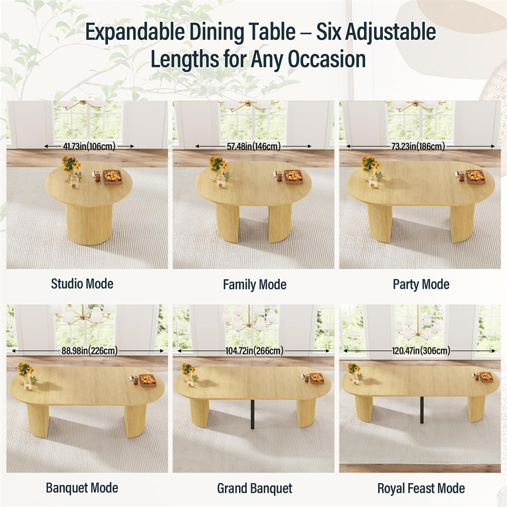 Natural 42"-120" Kitchen Extendable Oval Dining Table for 4-14 with Fluted Pedestal Base & Reinforced Metal Support Leg