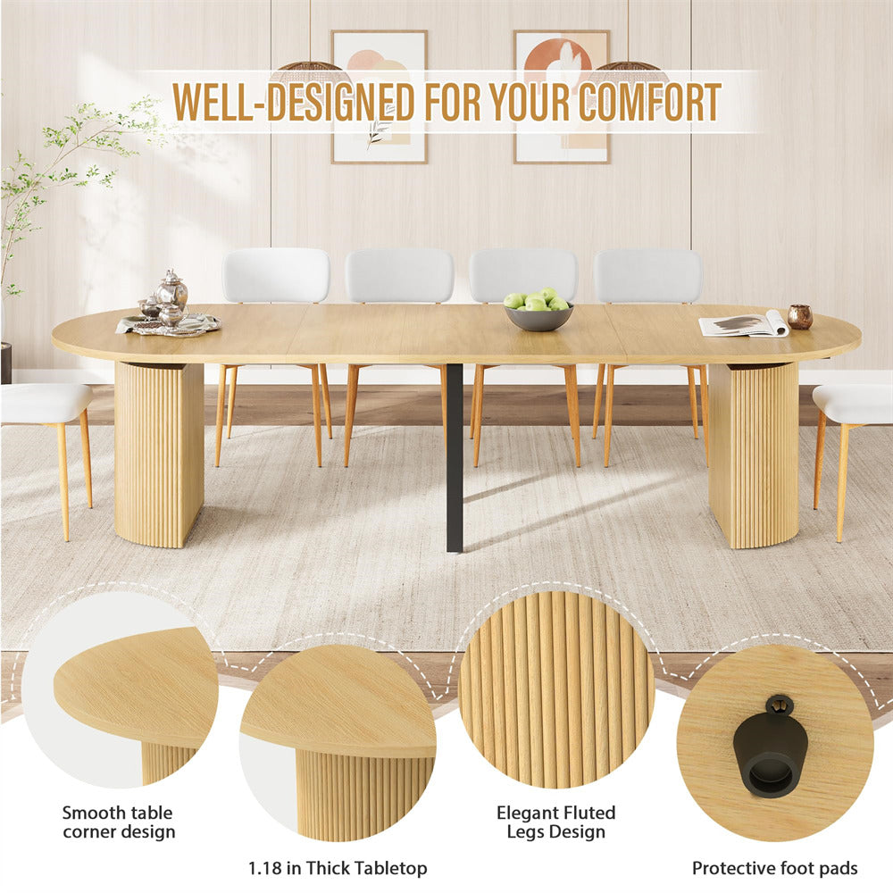 Natural 42"-120" Kitchen Extendable Oval Dining Table for 4-14 with Fluted Pedestal Base & Reinforced Metal Support Leg