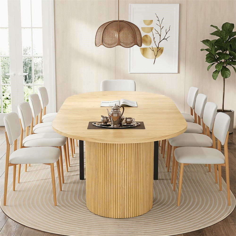 Natural 42"-120" Kitchen Extendable Oval Dining Table for 4-14 with Fluted Pedestal Base & Reinforced Metal Support Leg
