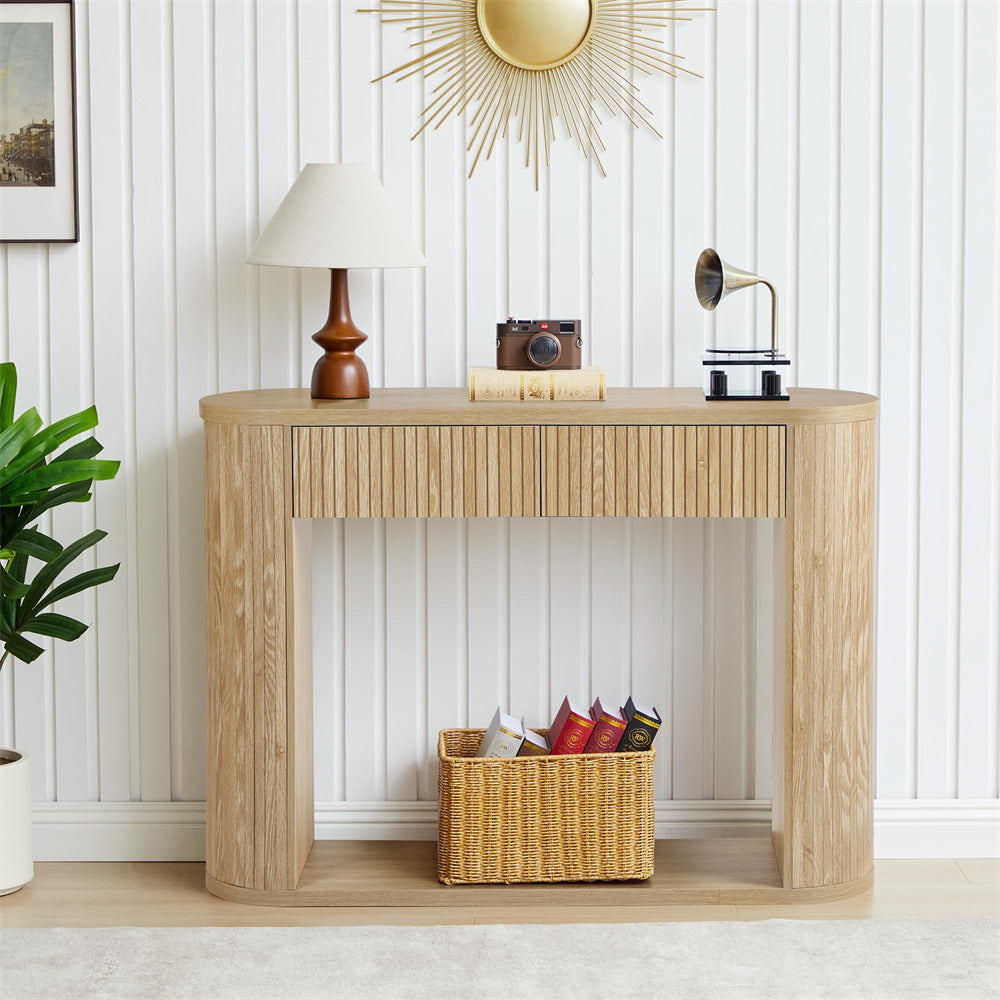 Natural 42.5” Fluted Entryway Console Table with 2 Drawers and Rounded Corners