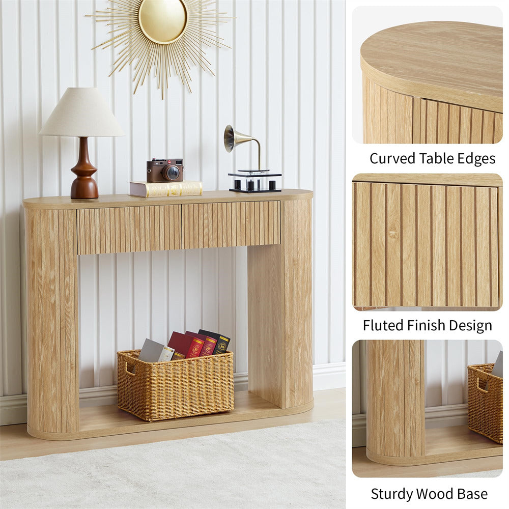 Wooden console table with fluted finish design, curved edges, and sturdy base in a room setting.