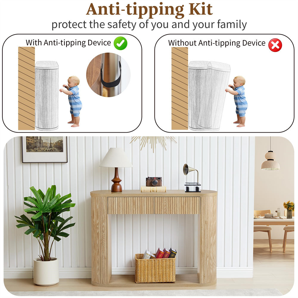 Anti-tipping kit for furniture with safety features and a living room setting.